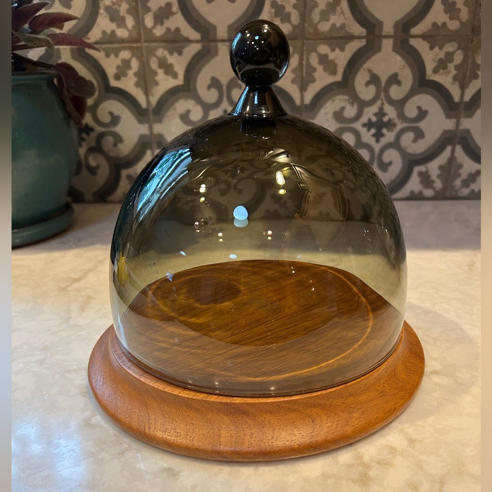Mid-Century Modern Smoky Glass Dome Cloche with Wooden Base-EUC